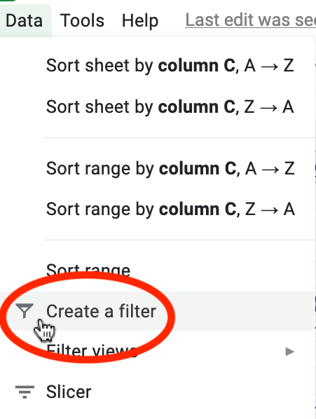 Data menu on Google Sheets showing the cursor on the 